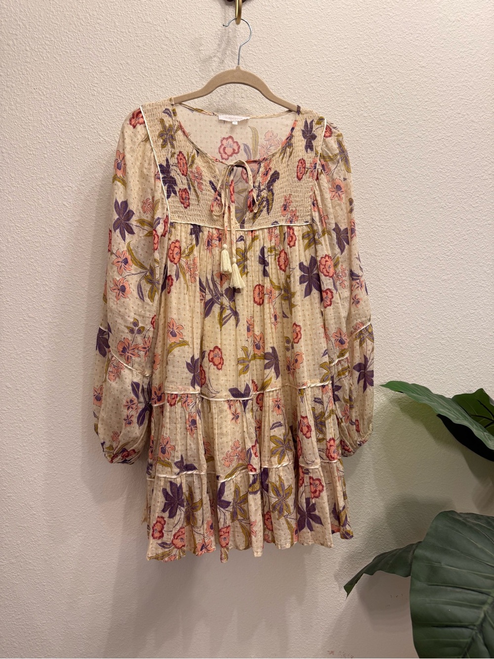Olivaceous Floral Boho Babydoll Mini Dress | Size Small